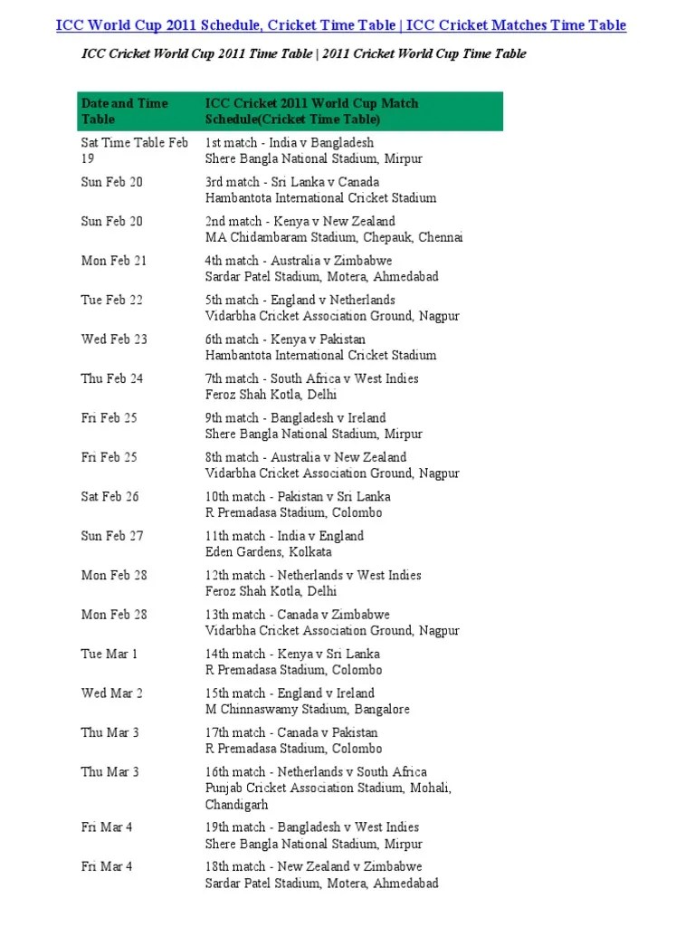 World Cup Time Table List